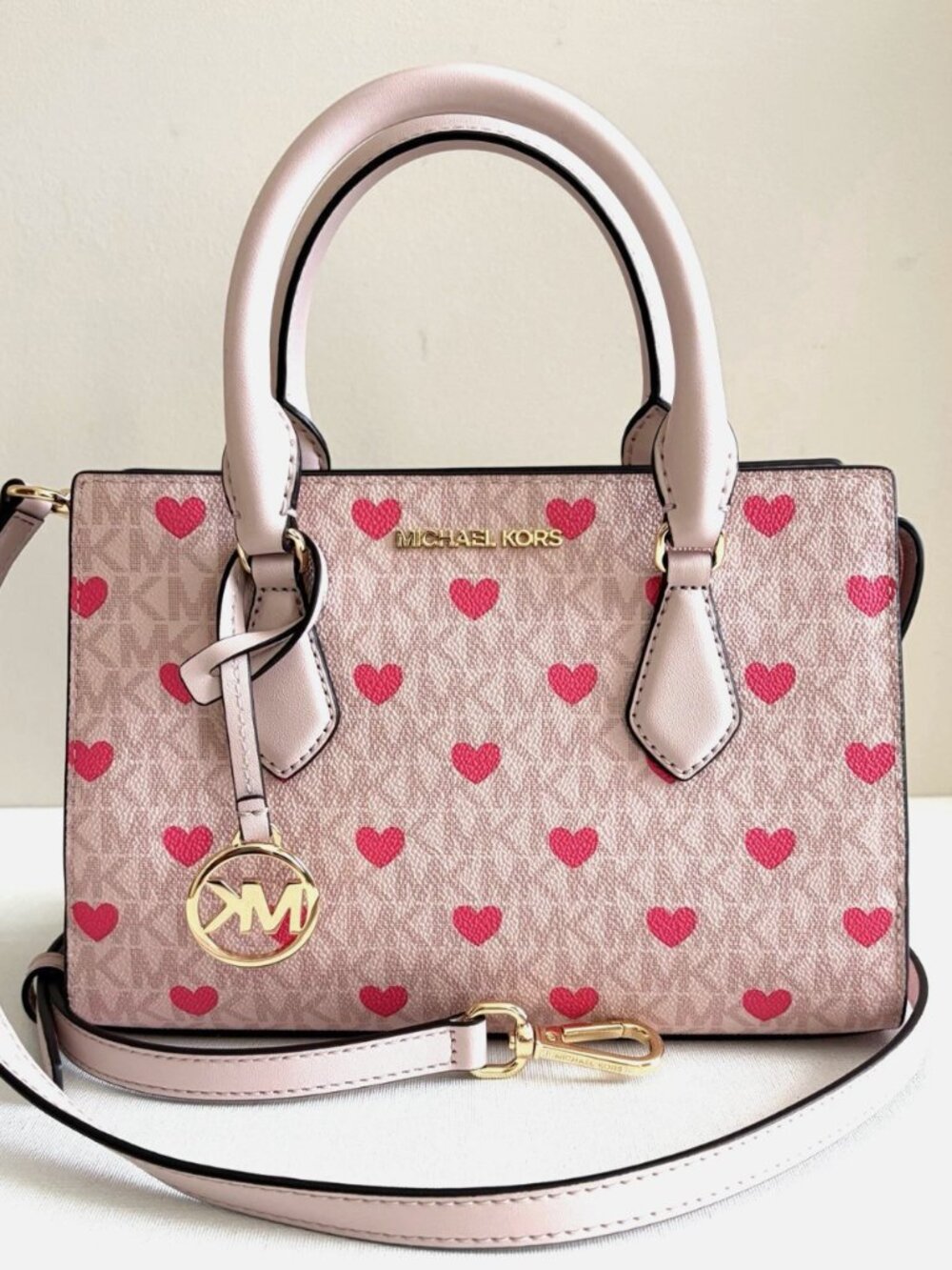 New Michael Kors Sheila Small Satchel Signature Logo Crossbody Bag Powder Blush